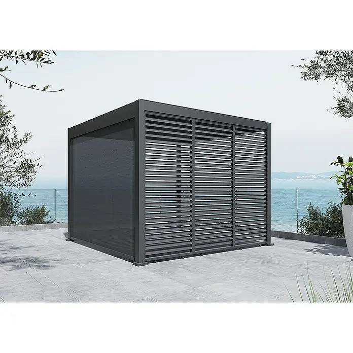 Sunfun Lamellenpavillon Set Milos - B x T: 294 x 294 cm, Night-Grey, Aluminium/PVC/Fiberglas, 5 -tlg. - Moderne graue Pergola mit Lamellenwänden und Netzstoff, ideal für stilvolle Außenbereiche und zusätzlichen Schatten.