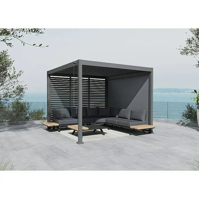 Sunfun Loungemöbel-Set Lumar/Milos - 12 -tlg., Aluminium/PVC/Fiberglas/Polypropylen, Night-Grey - Die graue Outdoor-Lounge-Ecke mit Pergola bietet Komfort. Die grauen Loungemöbel und Holztische sind elegant gestaltet.