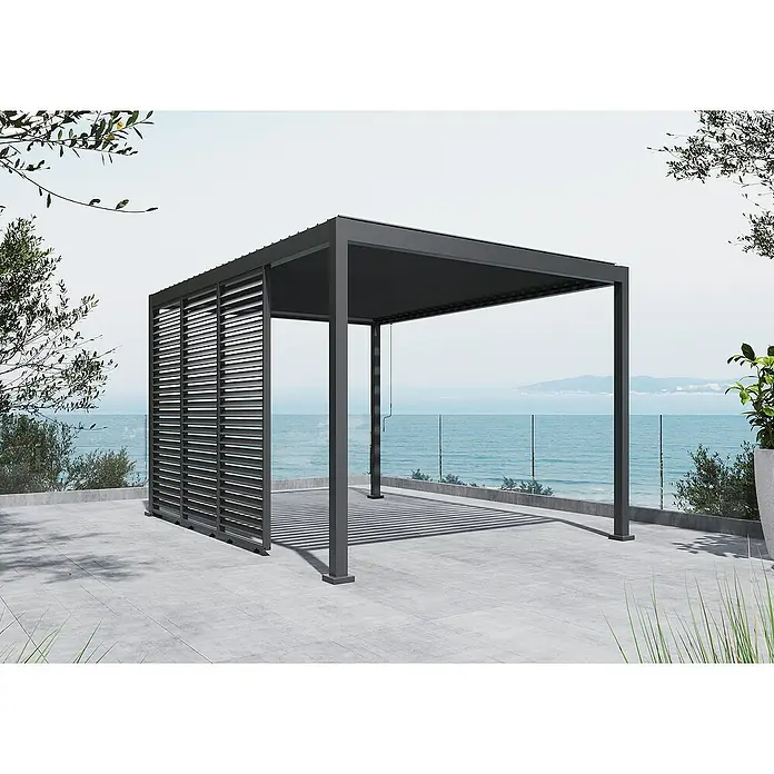 Sunfun Milos Lamellenpavillon - B x T: 386 x 294 cm, Farbe Gestell: Night-Grey, Aluminium - Eine stilvolle, moderne Pergola mit verstellbaren Lamellen bietet Schutz und Privatsphäre im Freien. Perfekt für Terrasse oder Garten.