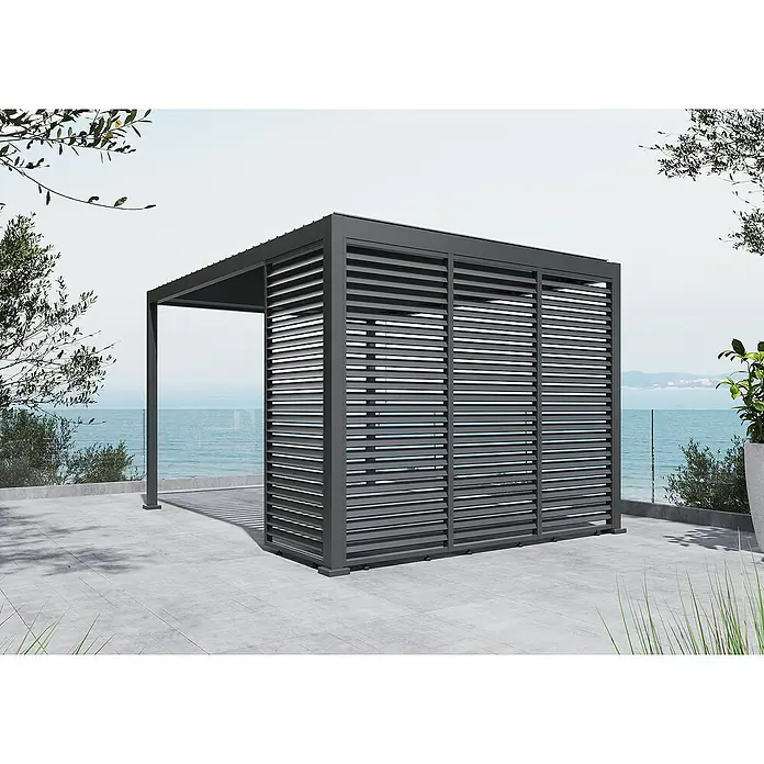Sunfun Milos Lamellenpavillon - B x T: 386 x 294 cm, Farbe Gestell: Night-Grey, Aluminium - Elegante graue Pergola mit Lamellendach und -wänden für den Außenbereich, perfekt für stilvollen Sonnenschutz und Privatsphäre.