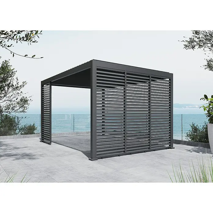 Sunfun Milos Lamellenpavillon - B x T: 386 x 294 cm, Farbe Gestell: Night-Grey, Aluminium - Modernes graues Lamellen-Pergola-Design für den Außenbereich mit Blick auf das Meer. Stilvolle Ergänzung für jeden Garten oder Terrasse.