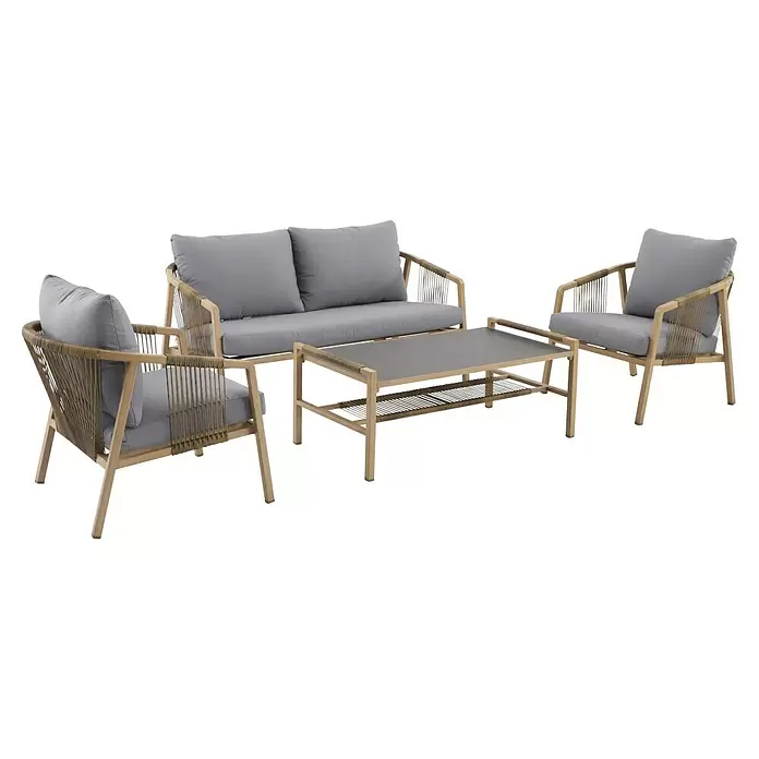 MWH Wicker Loungemöbel-Set - 4 -tlg., Aluminium, Grau/Naturbraun - Outdoor-Lounge-Set mit zwei Sesseln, einem Zweisitzer-Sofa und einem Couchtisch. Helle Rahmen, graue Kissen und geflochtene Seildetails.