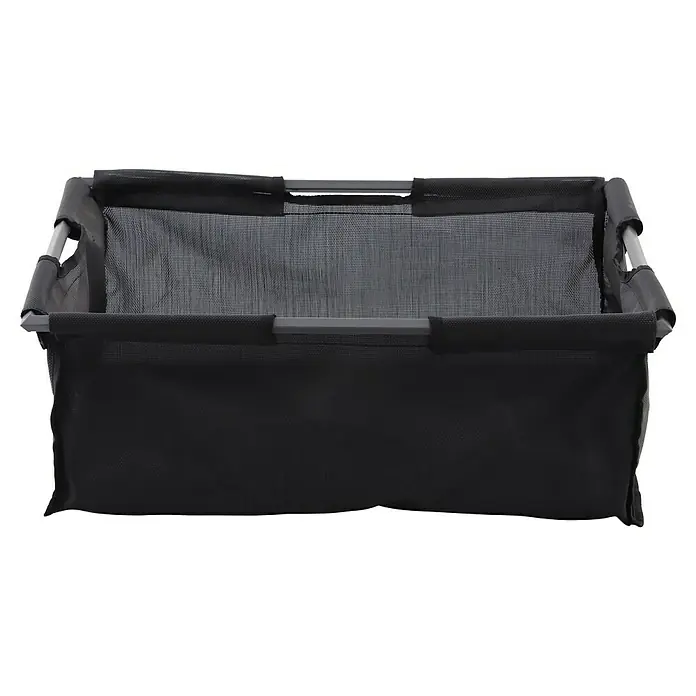 Sunfun Lumar Korb für Kissenbox - L x B x H: 66,5 x 54,5 x 25 cm, Night-Grey - Nahaufnahme eines schwarzen faltbaren Stoffkorbs mit Netzoberseite und Metallrahmen. Praktische Aufbewahrung für Camping oder Zuhause.