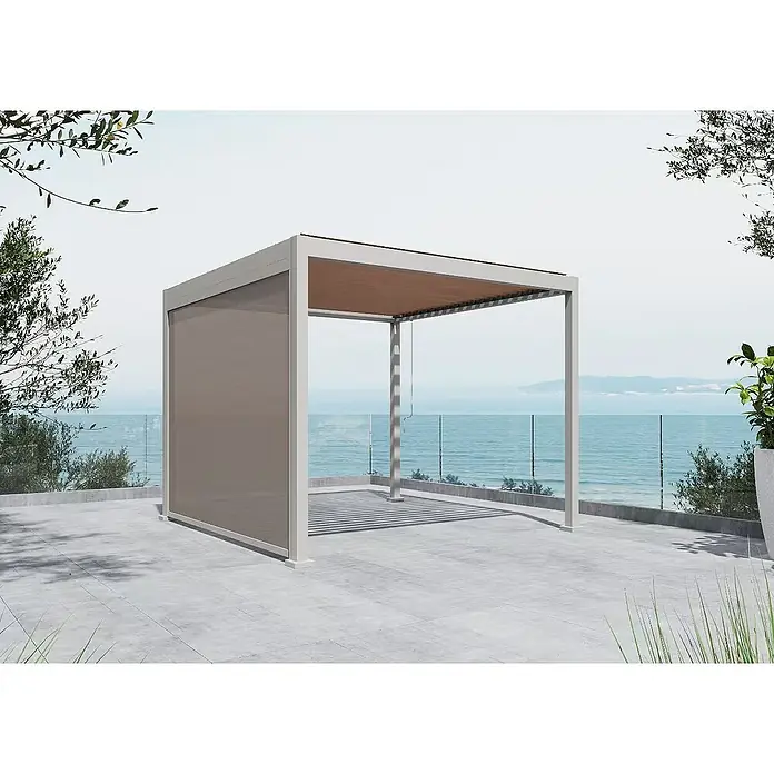Sunfun Loungemöbel-Set Solo Rope/Milos - 5 -tlg., Aluminium/PVC/Fiberglas/Olefin, Light-Greige - Die elegante Pergola mit beiger Stoffbahn bietet stilvollen Sonnenschutz und Privatsphäre auf Ihrer Terrasse. Genießen Sie entspannte Stunden im Freien.