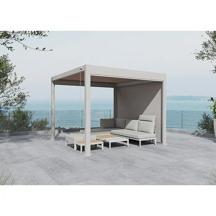 Sunfun Kopfstütze - L x B x H: 72 x 48,5 x 13,5 cm, Aluminium, Light-Greige - Helle Terrassenüberdachung mit grauer Lounge-Ecke und Meerblick. Stilvolle Outdoor-Entspannung mit Komfort und Ästhetik.