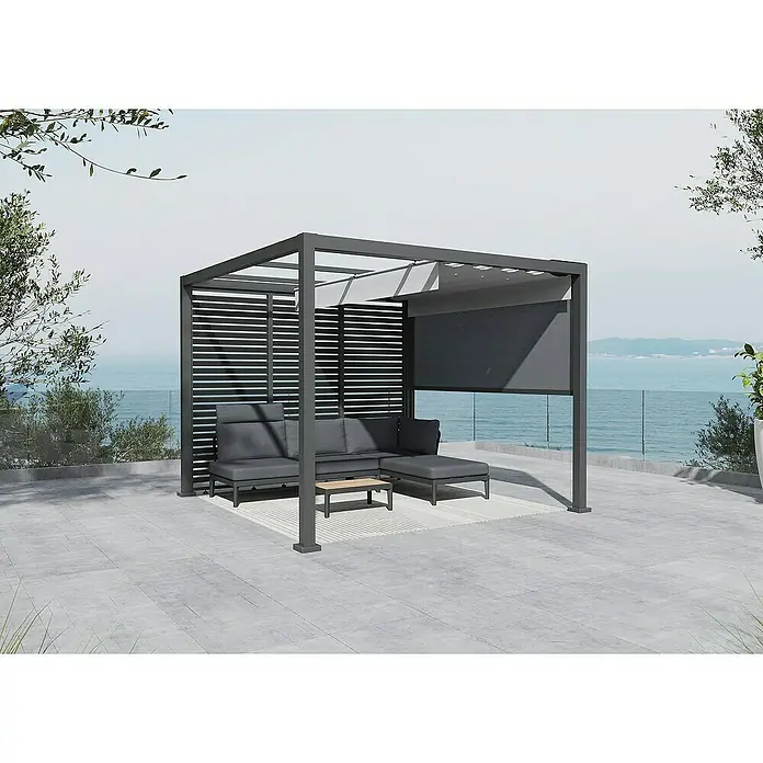 Sunfun Milos Raffpavillon - L x B x H: 294 x 294 x 231,5 cm, Farbe Gestell: Night-Grey - Elegante graue Pergola mit Lamellenwand und Rollo bietet stilvollen Sonnenschutz. Inklusive Loungemöbel und Beistelltisch für entspannte Stunden im Freien.