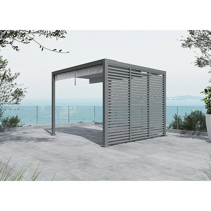 Sunfun Milos Pavillon-Seitenwand Lamellen - B x H: 92 x 221,5 cm, Night-Grey - Moderne Pergola mit verstellbaren Lamellen für Schatten und Privatsphäre auf einer Terrasse mit Meerblick.