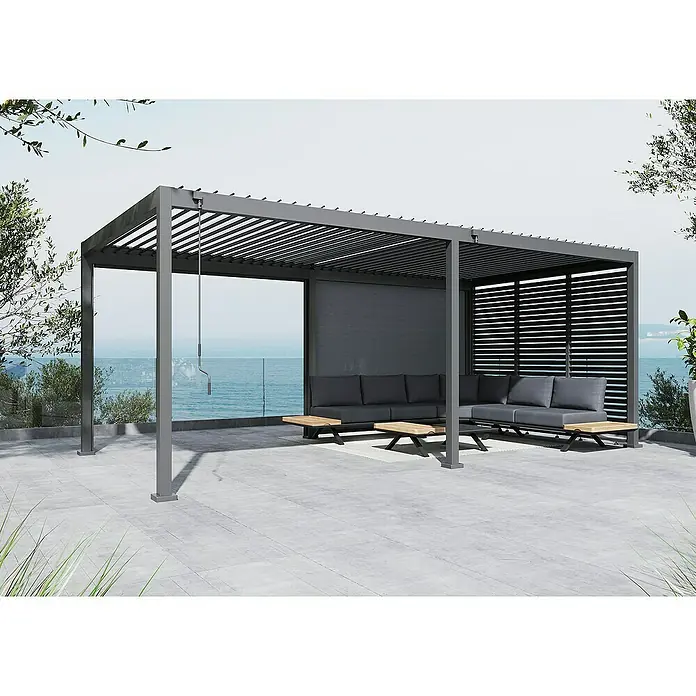 Sunfun Loungemöbel-Set Lumar/Milos XL - 12 -tlg., Aluminium/PVC/Fiberglas/Polypropylen, Night-Grey - Ein modernes Outdoor-Sofa unter einer stilvollen Pergola mit verstellbaren Lamellen bietet Komfort und Schutz vor der Sonne.