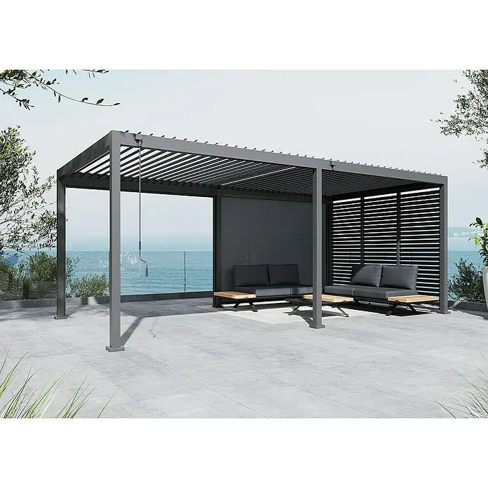 Sunfun Milos Pavillon-Seitenwand Lamellen - B x H: 92 x 221,5 cm, Night-Grey - Moderne graue Pergola mit Lamellendach und Sitzbereich im Freien, ideal für entspannte Stunden im Garten oder auf der Terrasse.