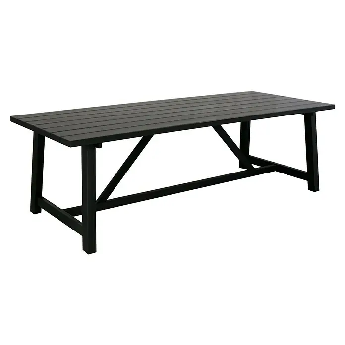 Sunfun Melina Gartentisch - L x B x H: 240 x 100 x 75 cm, Akazie, Rechteckig, Black Washed - Abgebildeter schwarzer Esstisch mit einer Holzplatte und einem dunklen Holzuntergestell für den Innen- und Außenbereich.
