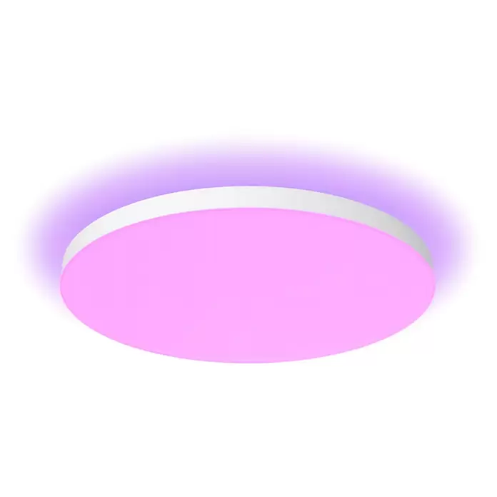 Philips LED-Deckenleuchte rund Datura - 67 W, Ø x H: 60 x 5 cm, Weiß, RGBW - Runde, flache Leuchte mit weißem Rahmen und pinkem Licht, das einen sanften violetten Schein wirft.