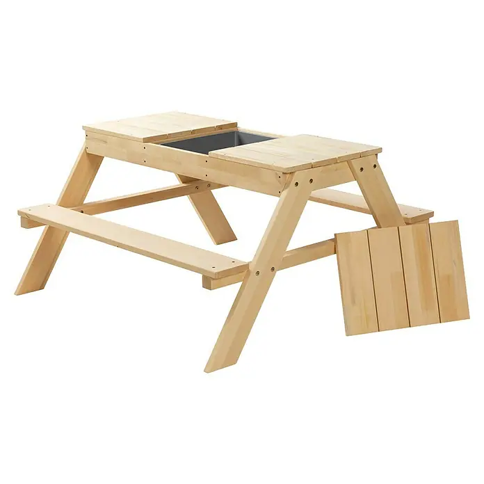 Kinder-Picknicktisch - L x B x H: 90 x 95 x 50 cm, Holz - Ein hellbrauner Picknicktisch aus Holz mit einer eingelassenen grauen Wanne in der Mitte der Tischplatte.