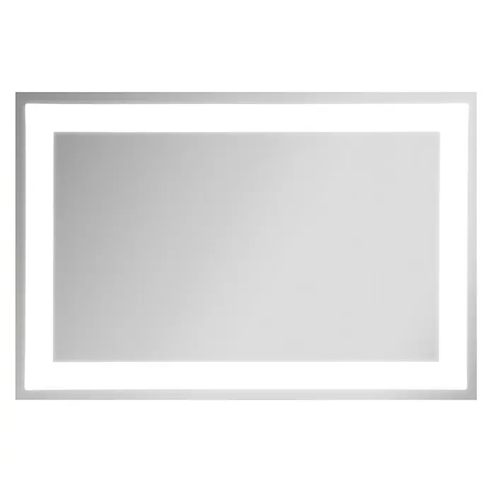 Camargue Stella LED-Lichtspiegel - 90 x 60 cm, Mit eckigen Kanten - Ein rechteckiger, beleuchteter Spiegel mit einem schlichten, silbernen Rahmen, ideal für moderne Badezimmerdesigns.