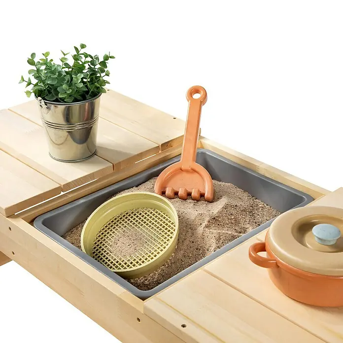 Kinder-Picknicktisch - L x B x H: 90 x 95 x 50 cm, Holz - Sandkasten mit Spielzeug: Sieb, Rechen und Topf für kreativen Spielspaß im Freien.