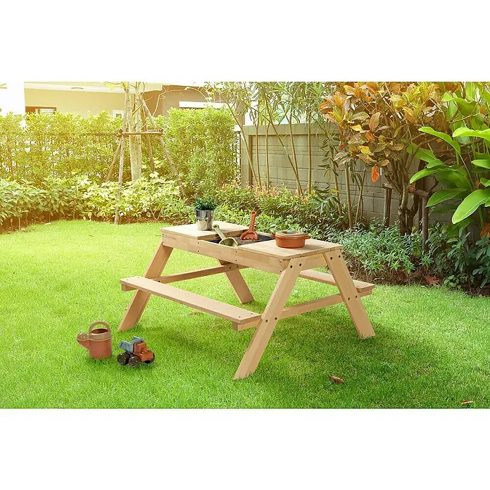 Kinder-Picknicktisch - L x B x H: 90 x 95 x 50 cm, Holz - Hölzerner Picknicktisch für Kinder mit Sandkastenfunktion, inklusive Spielzeug im Garten.