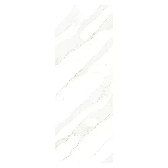 LOGOCLIC Umleimer Elementa pro K755 - Rhea Gold, 200 cm x 4,2 mm - Rechteckige weiße Marmoroptikfliese mit dezenter grauer und beiger Maserung.