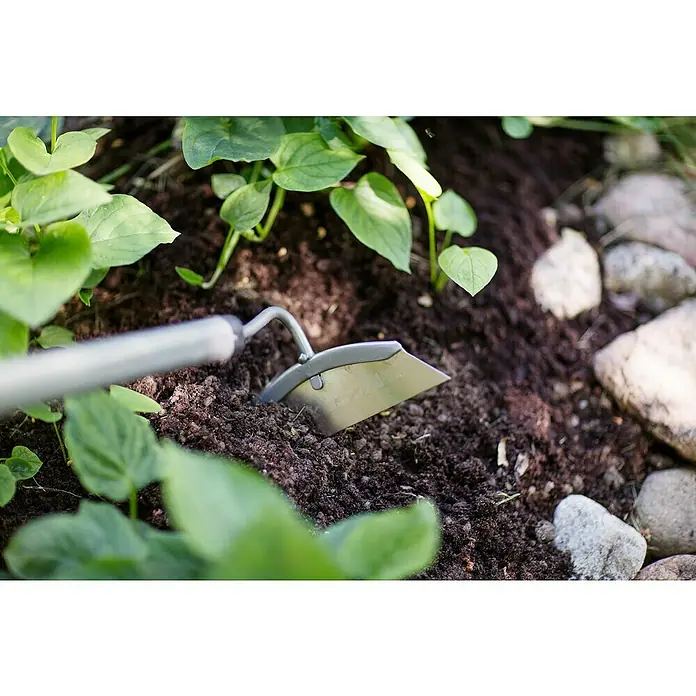 Fiskars Ergonomic Unkrauthacke - Länge: 154 cm, Material Gerätekopf: Borstahl - Nahaufnahme einer Gartenhacke, die in die dunkle Erde gesteckt wird, umgeben von grünen Pflanzen und Steinen.