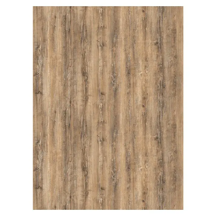 LOGOCLIC Arbeitsplatte nach Maß Elementa Pro - Arizona Pine, 410 x 65 x 3,8 cm - Holzstruktur in warmen Braun- und Beigetönen mit subtilen Maserungen und Astlöchern, ideal für Möbel und Interieur.