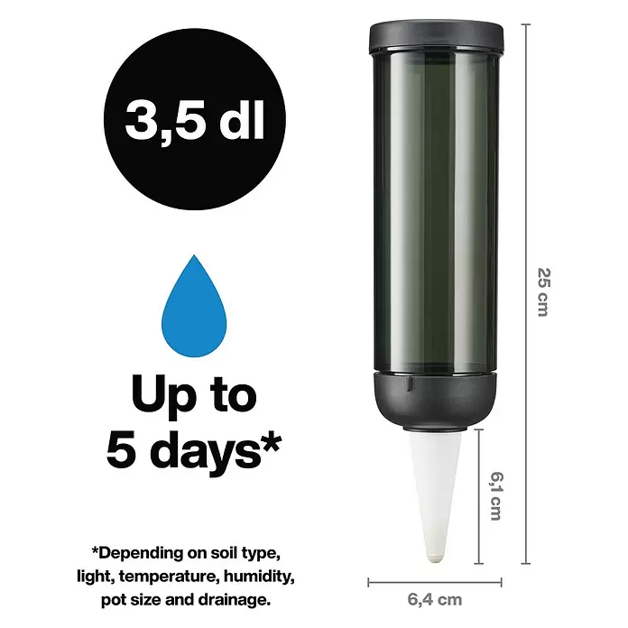 Fiskars Wasserspender - 350 ml, Schwarz - Dunkelgrauer, transparenter Selbstbewässerungseinsatz für Pflanzen mit weißer Spitze, 3,5 dl Fassungsvermögen, 25 cm hoch. Versorgt Pflanzen bis zu 5 Tage mit Wasser.