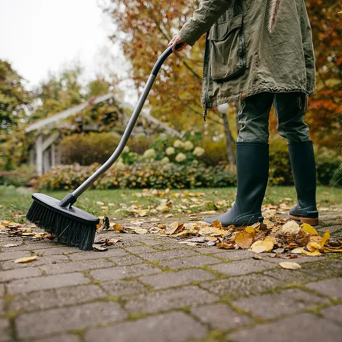 Fiskars Ergonomic Besen - Mit Stiel, Ergonomisch geformt, 1 Stk. - Person kehrt mit einer Kehrbürste Blätter von einem gepflasterten Weg, umgeben von herbstlicher Natur und einem Gartenhaus im Hintergrund.