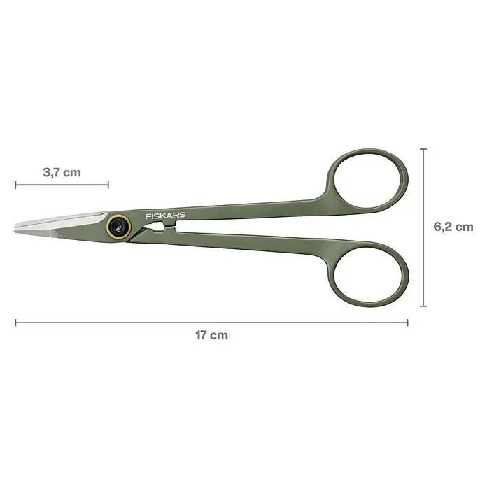 Fiskars Schere klein - Elegante, freistehende Werkzeughalterung zur praktischen Aufbewahrung, Material Klinge: Stahl, Präzisionsgeschliffen - Abbildung einer grünen Fiskars-Schere mit Maßangaben zu Klingenlänge, Höhe und Gesamtlänge.