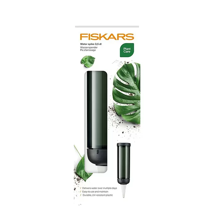 Fiskars Wasserspender - 350 ml, Schwarz - Dunkelgrüner, durchsichtiger Plastik-Wasserspender für Pflanzen mit weißer Spitze.