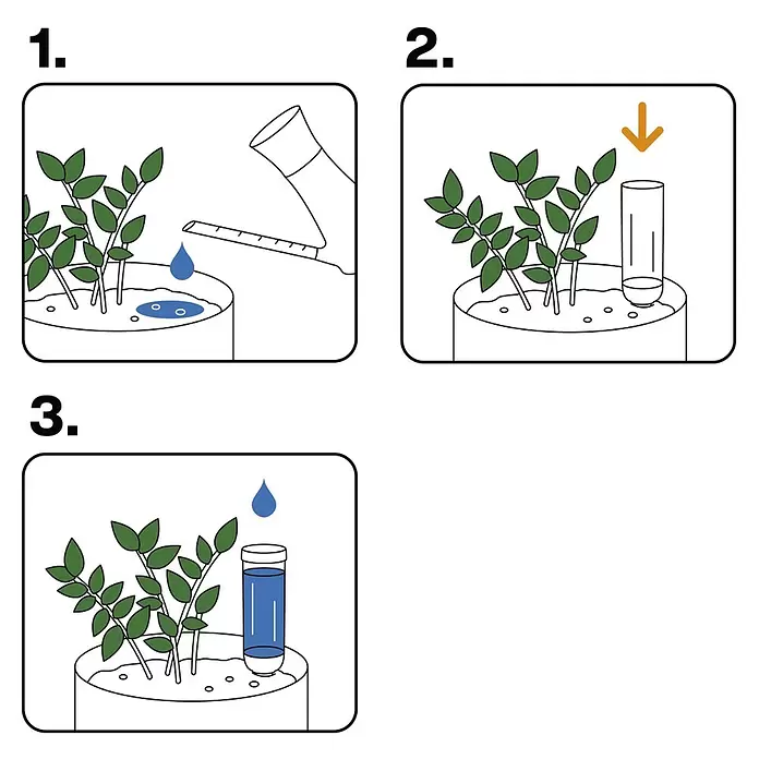 Fiskars Wasserspender - 350 ml, Schwarz - Anleitung zur Installation einer transparenten Bewässerungshilfe für eine Topfpflanze, gefüllt mit blauem Wasser.