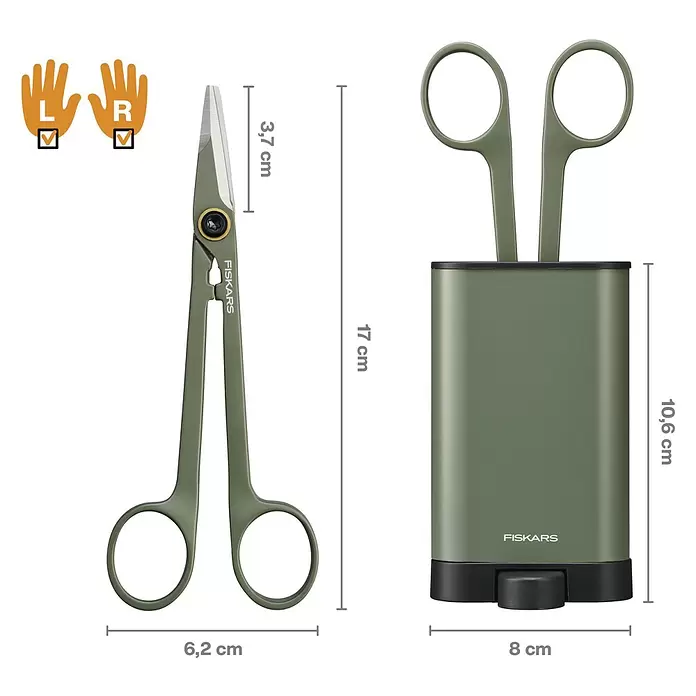 Fiskars Schere kleinElegante, freistehende Werkzeughalterung zur praktischen Aufbewahrung, Material Klinge: Stahl, Präzisionsgeschliffen Sketch