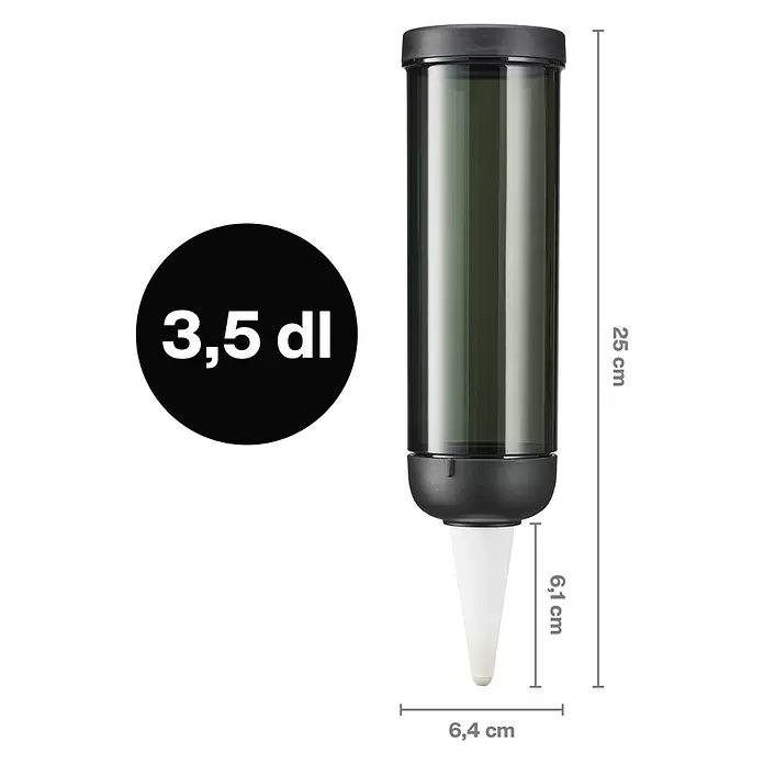 Fiskars Wasserspender - 350 ml, Schwarz - Dunkelgrauer, transparenter Pflanzenbewässerungsspender mit weißer Spitze, 25 cm hoch, 3,5 dl Fassungsvermögen, für automatische Pflanzenbewässerung.