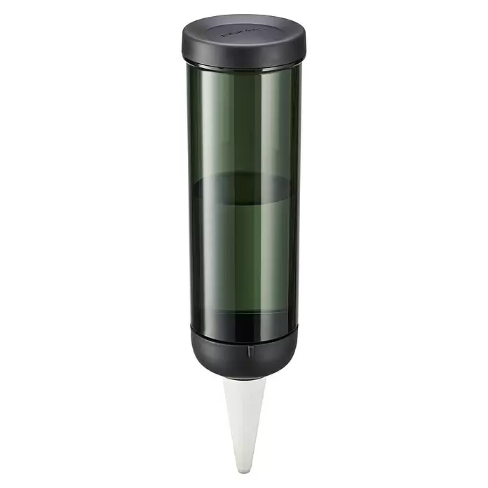 Fiskars Wasserspender - 350 ml, Schwarz - Transparenter grüner Becherspender mit dunkelgrauem Deckel und Boden, der einen weißen Papierbecher ausgibt.