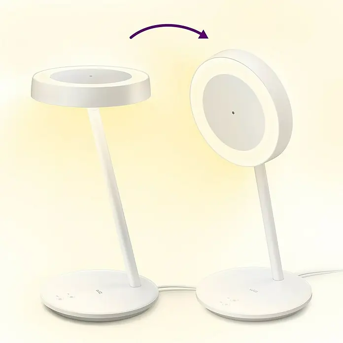 WiZ LED-Tischleuchte Portrait - 10 W, L x B x H: 20,4 x 19,5 x 38 mm, Weiß, Kaltweiß - Draufsicht auf eine weiße WiZ Tischleuchte, die sich drehen lässt, um das Licht auszurichten. Modernes Design für Schreibtisch oder Nachttisch.