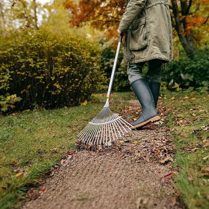 Fiskars Ergonomic Fächerbesen - Material Gerätekopf: Borstahl, 1 Stk. - Laub rechen, um einen Gartenweg freizumachen.