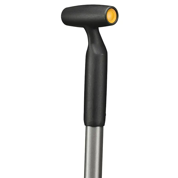 Fiskars Ergonomic Laubschaufel - Material Gerätekopf: Kunststoff, 1 Stk. - Nahaufnahme eines Reflexhammers. Der Reflexhammer hat einen schwarzen Kopf mit einer gelben Gummi-Spitze und einen silberfarbenen Griff.