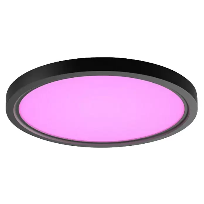 Philips Hue LED-Panel rund White & Color Ambiance Tento S - 25 W, Ø x H: 29,1 x 3,2 cm, Schwarz, RGBW - Runde LED-Deckenleuchte mit schwarzem Rahmen und leuchtend lila diffuser Scheibe.
