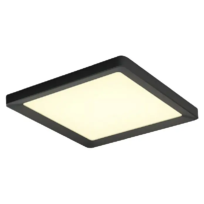 Philips Hue LED-Panel White Ambiance Tento S - 10,6 W, L x B x H: 29,5 x 29,5 x 3,5 cm, Schwarz, Kaltweiß - Nahaufnahme einer quadratischen, modernen Deckenleuchte mit schwarzem Rahmen und weichem, diffusem Licht für stilvolle Beleuchtung.