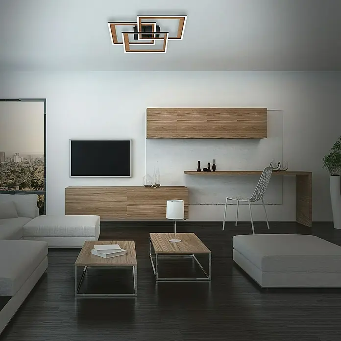 Brilo Plafón LED Frame - 50 W, L x An x Al: 12,5 x 50 x 45 cm, Madera, Negro/ Madera, Blanco cálido - Iluminación moderna de sala de estar con una lámpara de techo decorativa de diseño geométrico que ilumina la habitación con estilo.