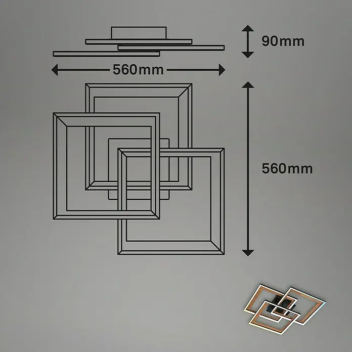 Brilo Plafón LED Frame - 50 W, L x An x Al: 12,5 x 50 x 45 cm, Madera, Negro/ Madera, Blanco cálido - Un esquema técnico del plafón de techo cuadrado, mostrando las dimensiones de 560 mm x 560 mm y una altura de 90 mm.