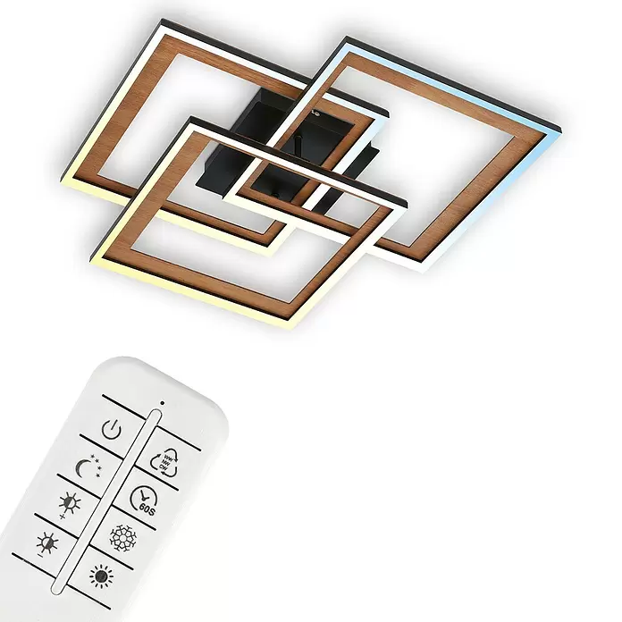 Brilo Plafón LED Frame - 50 W, L x An x Al: 12,5 x 50 x 45 cm, Madera, Negro/ Madera, Blanco cálido - Lámpara de techo LED moderna con marcos cuadrados entrelazados de madera y metal, con control remoto.