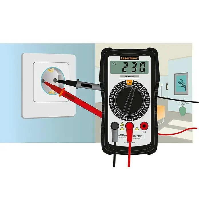 Laserliner Digital-Multimeter - Messbereich Wechselspannung: 200 V - 300 V - Ein Laserliner Multimeter zeigt 230 Volt an einer Steckdose, ein wichtiges Werkzeug für Elektriker und Heimwerker zur Spannungsmessung.