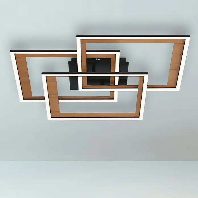 Brilo Plafón LED Frame - 50 W, L x An x Al: 12,5 x 50 x 45 cm, Madera, Negro/ Madera, Blanco cálido - Lámpara de techo moderna con cuadrados entrelazados en aspecto de madera, blanco y negro. Diseño elegante.