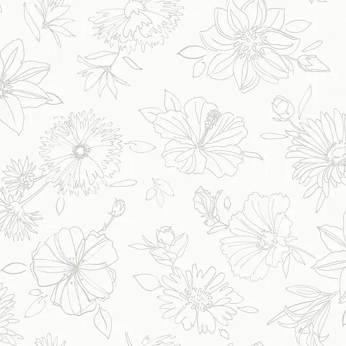D-c-fix Manhattan Tischdecke Meterware Palmas - Breite: 140 cm, Natur - Weißes florales Muster mit verschiedenen Blumen, die für ein elegantes Design in zarten Linien dargestellt werden.
