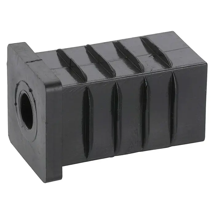 Stabilit Tapa - L x An: 20 x 20 mm, Plástico - Bloque de goma cuboide negro con ranuras y orificio cilíndrico, ideal para aplicaciones de amortiguación o montaje.