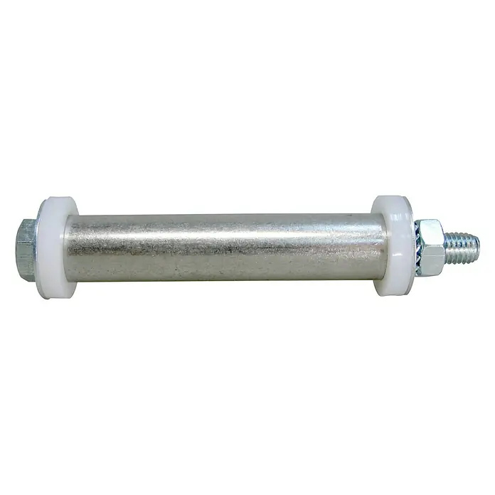 Dörner & Helmer Achszubehör - Nabenlänge: 88 mm, Bohrung: 20 mm - Nahaufnahme einer silbernen Metallstange mit einer Schraube und einer Mutter an jedem Ende, die durch weiße Kunststoffscheiben getrennt sind.