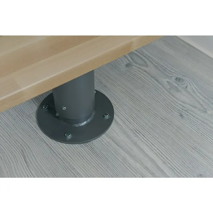 Minka Mittelholmtreppe Comfort Top - Breite: 80 cm, Grau, Farbe Stufen: Buche Natur, Geschosshöhe: 312 cm - Detailansicht eines modernen Tisches mit einem stabilen Metallfuß, der auf einem hellen Holzboden steht. Der Tischfuß sorgt für sicheren Stand.