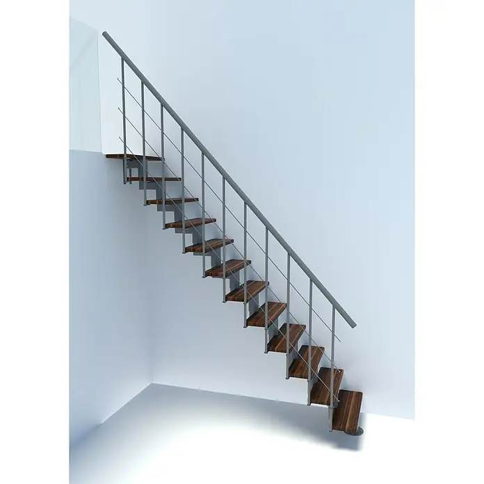 Minka Mittelholmtreppe Comfort Top - Breite: 80 cm, Grau, Farbe Stufen: Buche Walnuss gebeizt, Geschosshöhe: 312 cm - Modernes Treppendesign mit Holzstufen und einem schlanken, grauen Geländer, das sich ideal in ein minimalistisches Interieur einfügt.