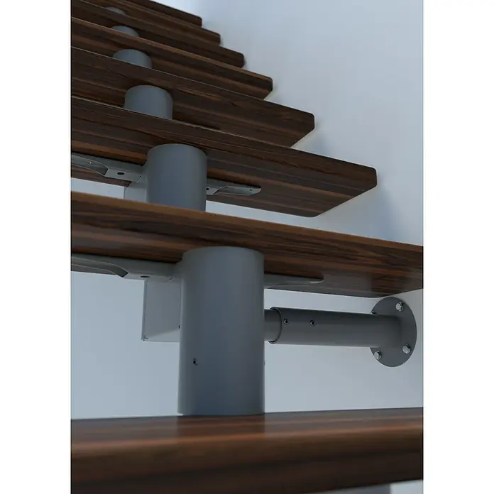 Minka Wandhalterung Comfort Top - Ø x L: 12,7 x 50 cm, Passend für: Minka Mittelholmtreppen Comfort Top - Nahaufnahme einer modernen Treppe mit Holzstufen und grauen Metallstützen, die ein minimalistisches und elegantes Design zeigt.