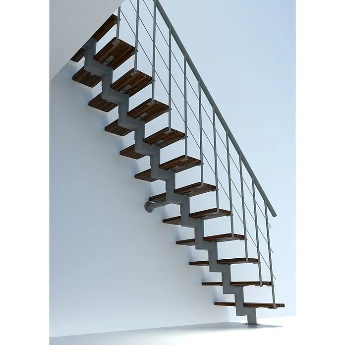 Minka Wandhalterung Comfort Top - Ø x L: 12,7 x 50 cm, Passend für: Minka Mittelholmtreppen Comfort Top - Eine moderne Treppe mit Holzstufen und einem minimalistischen Geländer aus Metall. Das Design ist platzsparend und ideal für kleine Räume.