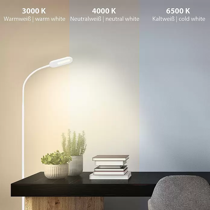 Briloner LED-Stehleuchte - Höhe: 128 cm, Weiß - Weiße Schreibtischlampe demonstriert drei Lichtfarbtemperaturen: warmweiß (3000K), neutralweiß (4000K) und kaltweiß (6500K).