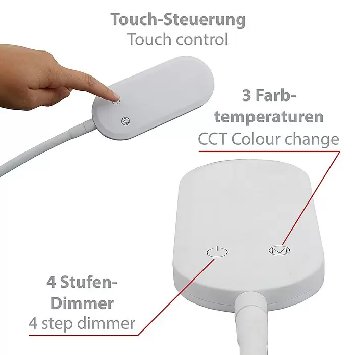 Briloner LED-Stehleuchte - Höhe: 128 cm, Weiß - Weißes Touch-Bedienfeld für Leuchte, mit Tasten zum Dimmen und Ändern der Farbtemperatur.
