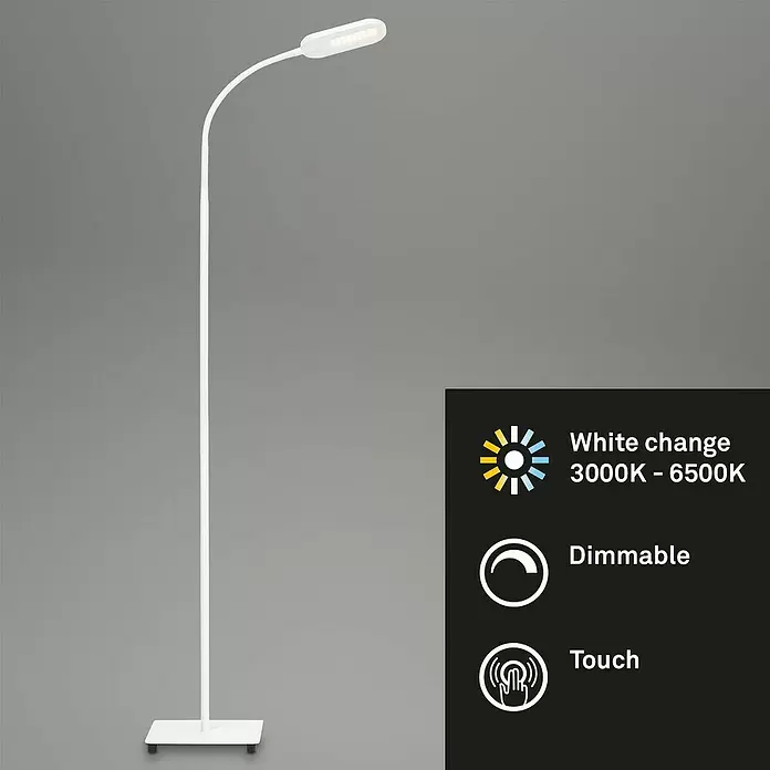 Briloner LED-Stehleuchte - Höhe: 128 cm, Weiß - Weiße LED-Stehleuchte mit einstellbarem Weißlicht (3000K-6500K), dimmbar und Touch-Steuerung.